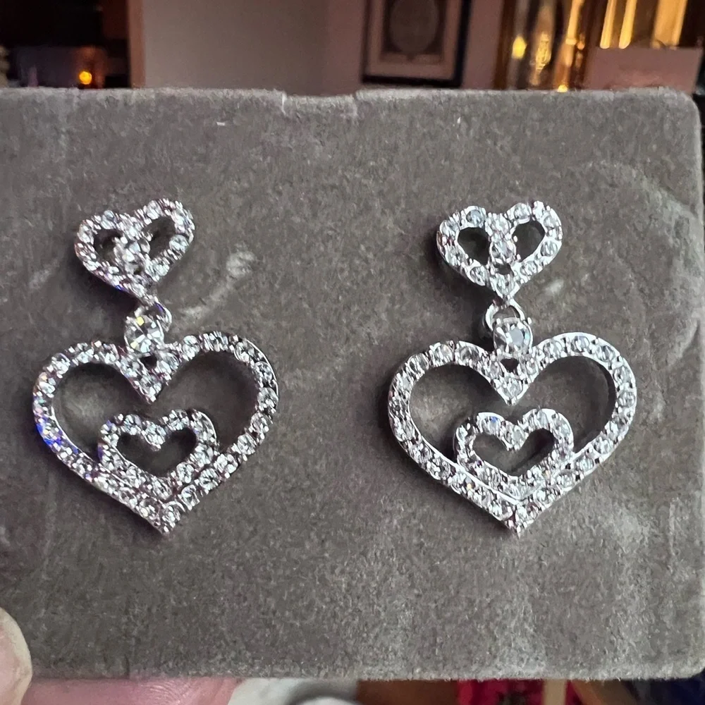 Elegant Silver Sparkling Heart Drop Earrings